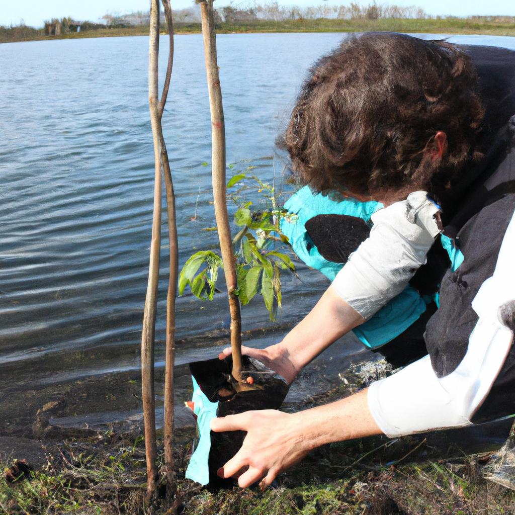 Person planting trees near water